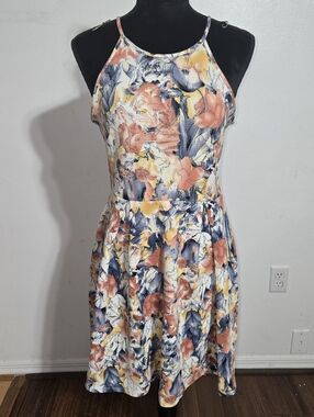 Soprano Floral Halter Mini Dress in Coral, Navy, and Yellow